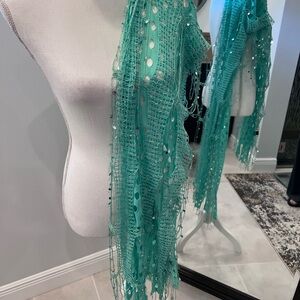 Teal Mesh Fringe Scarf